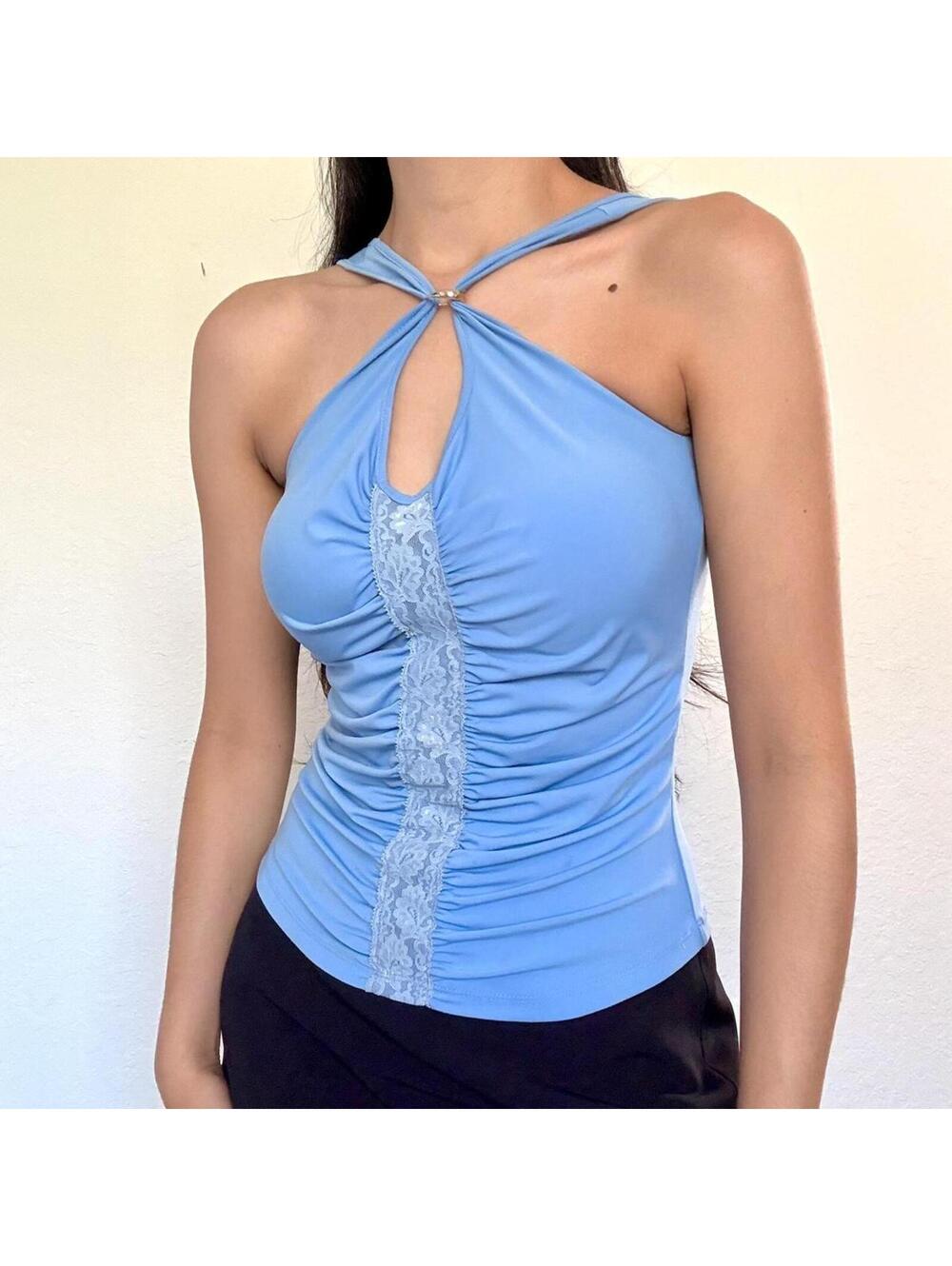 Express Y2K Blue Ruched Lace Trim Tank Top